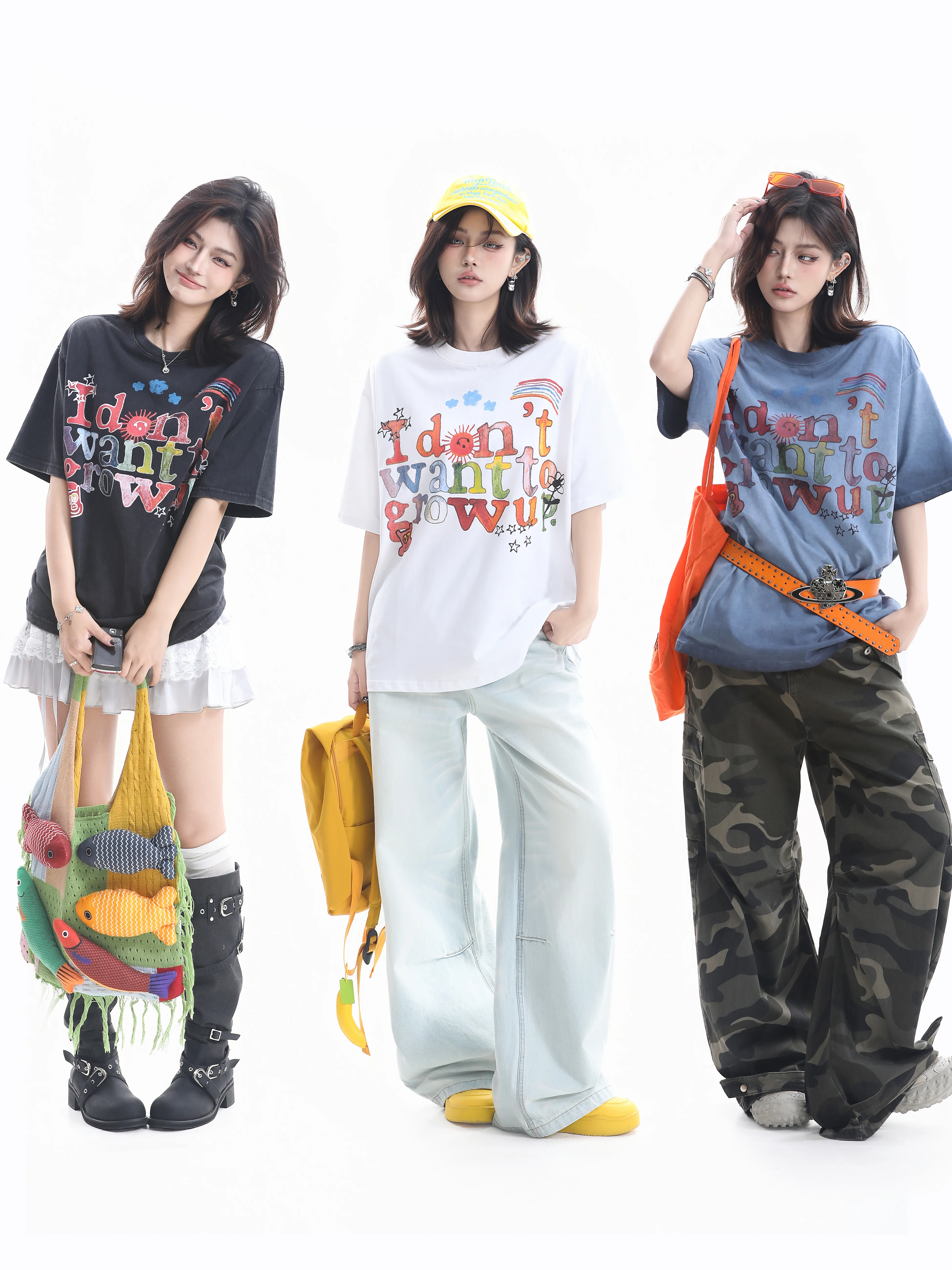 

Retro Spicy Girl Style T-shirt Women's Loose American Basic Short Sleeve Letter Print Cotton round Neck Couple's Top