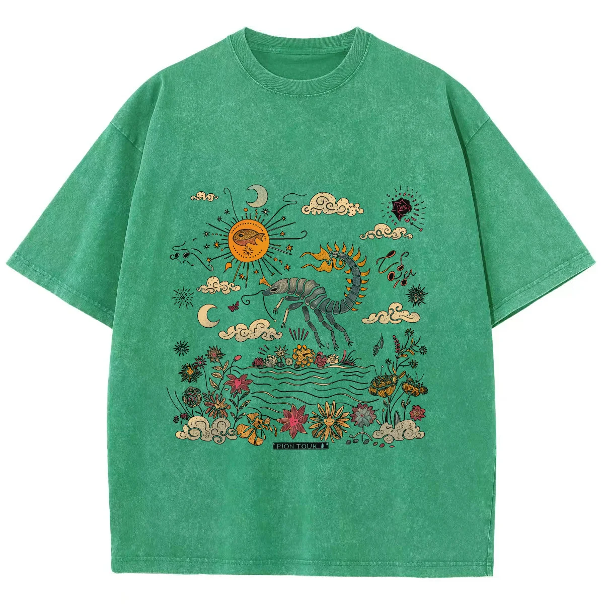 Cartoon Landscape Print Simple Casual Style Women's T-Shirt Unisex Wash Round Neck Short Sleeve Vintage Distressed Basic Tee