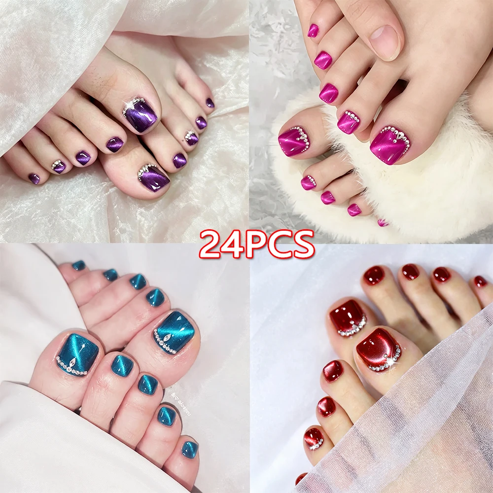 24Pcs Cat Eye Press On Toenails Shiny Rhinestone Decor Chasing Light Cateye Effect Short Square Full Cover False Nails Fake Nail