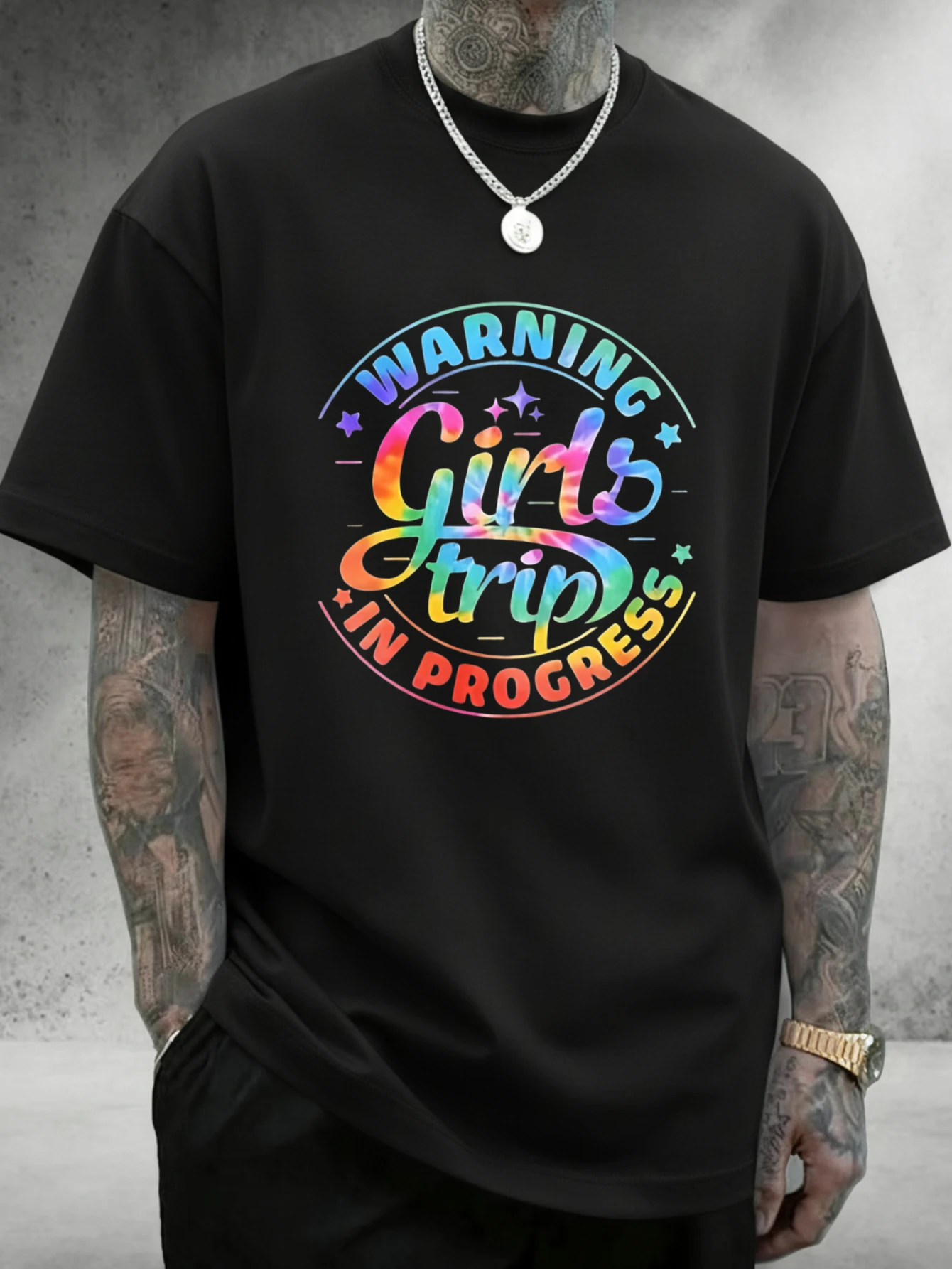 1PC JOOCAR T-shirt en coton décontracté pour toutes les saisons, motif cercle arc-en-ciel « Girls Trip In Progress », col rond, manches courtes douces, extensibles et respirantes, haut streetwear à imprimé lettres tendance, choix de cadeau idéal pour les vacances