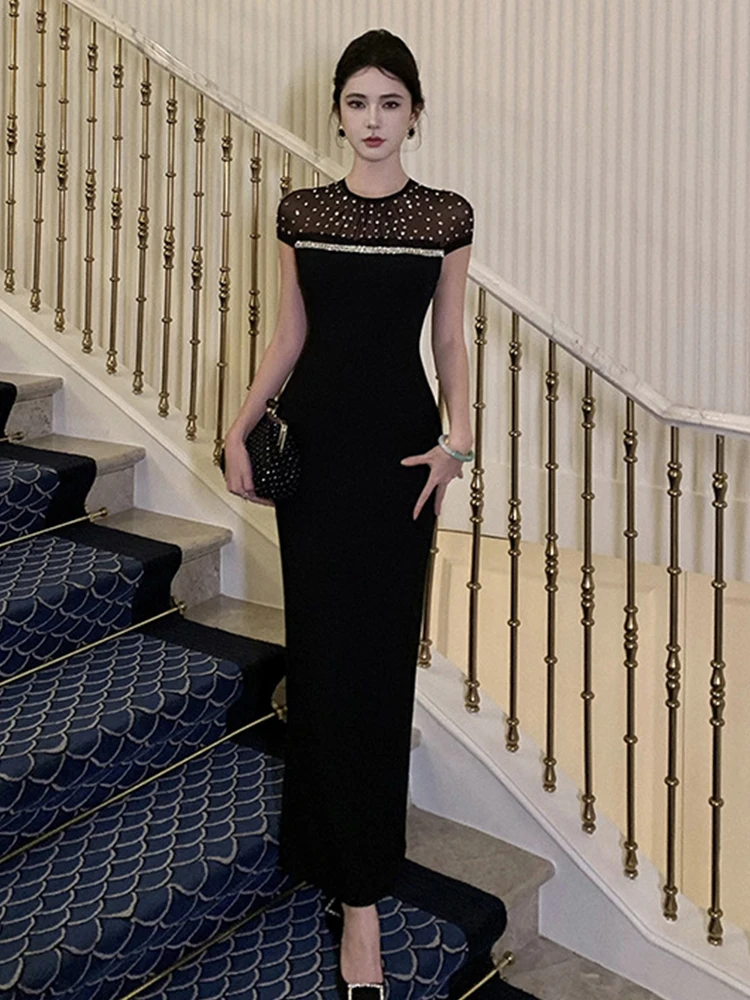 Roupas femininas chique preto puro sexy o-pescoço magro longo vestido de noite elegante luxo festa aniversário vestidos fiesta robe verão