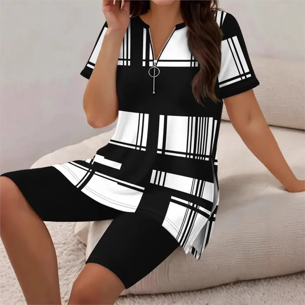 Estate nuove donne alla moda vestito con cerniera decorazione camicia stampata a righe Top + camicie abiti larghi casual set in due pezzi abbigliamento per la casa