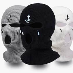 Winter Balaclava Hat 3-Hole Knitted Full Face Cover Ski Neck Gaiter Warm Knit Beanie for Outdoor Sports Cross Embroidery Ski Mas