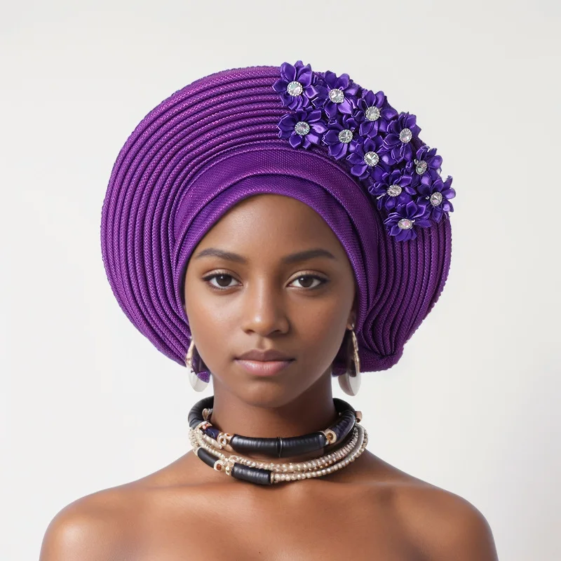 Women Head Wraps for Wedding Party Nigeria Head Ties with Flowers Already Made Auto Gele 2024 New African Headtie Turban