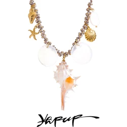 Yhpup Ocean Style Shell Conch Starfish Pendant Necklace Handmade Accessories Stainless Steel Trendy Summer Jewelry Gift