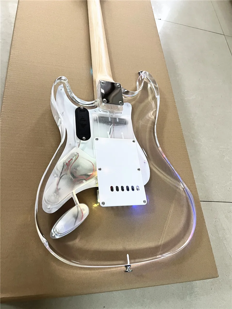 High quality classic acrylic clear Plexiglas crystal 6-string electric guitar with colored lights maple neck Free shipping