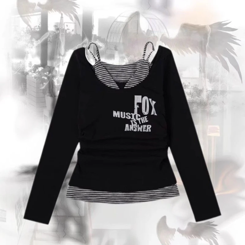 

Модная женская футболка из двух предметов с длинным рукавом, винтажные топы с буквенным принтом, облегающие топы на талии, Harajuku Y2k, футболки в стиле гранж