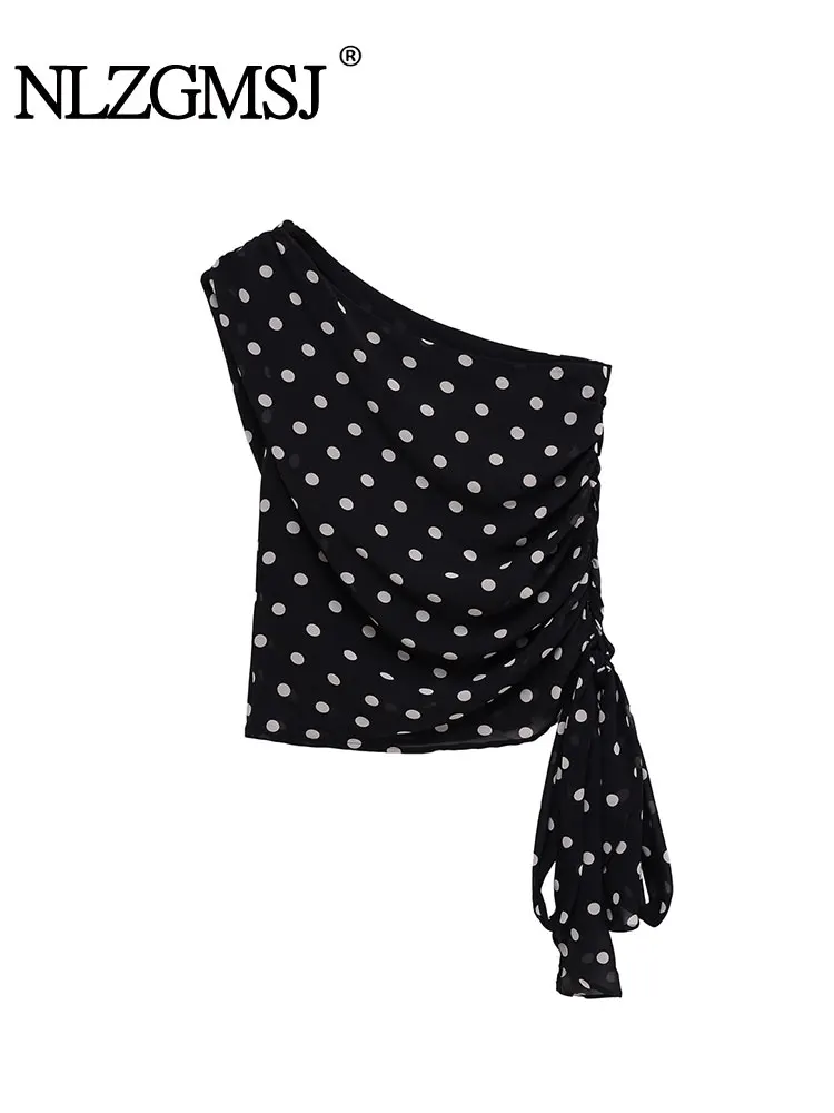 

NLZGMSJ Casual Chic Women Polka Dot Cami Tops Sleeveless Asymmetrical Folds Slim Vest Fashion 2025 Spring Summer Holiday Tops