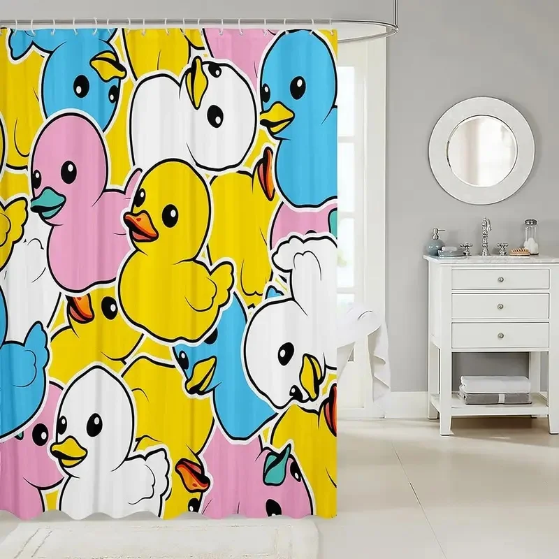 VIKAMA Cute Colorful Rubber Duck Shower Curtain, Cartoon Duck Print Waterproof Polyester Washable Bathroom Decor Curtain