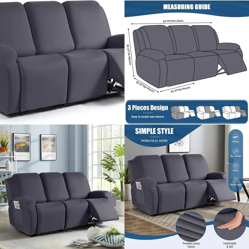 Sarung Sofa Recliner Poliester 3-Dudukan, Penutup Elastis dengan Kantong, Pelindung Furnitur Abu-Abu Tua yang Dapat Dicuci