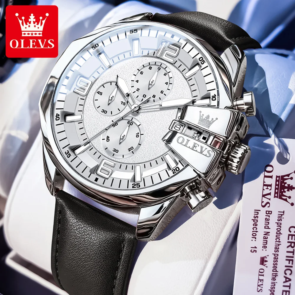 

OLEVS 2978 Gentleman Wristwatch Original Lether Strap 52mm Large Dial Multi Functional Sports Chronograph Quartz Watches for Men