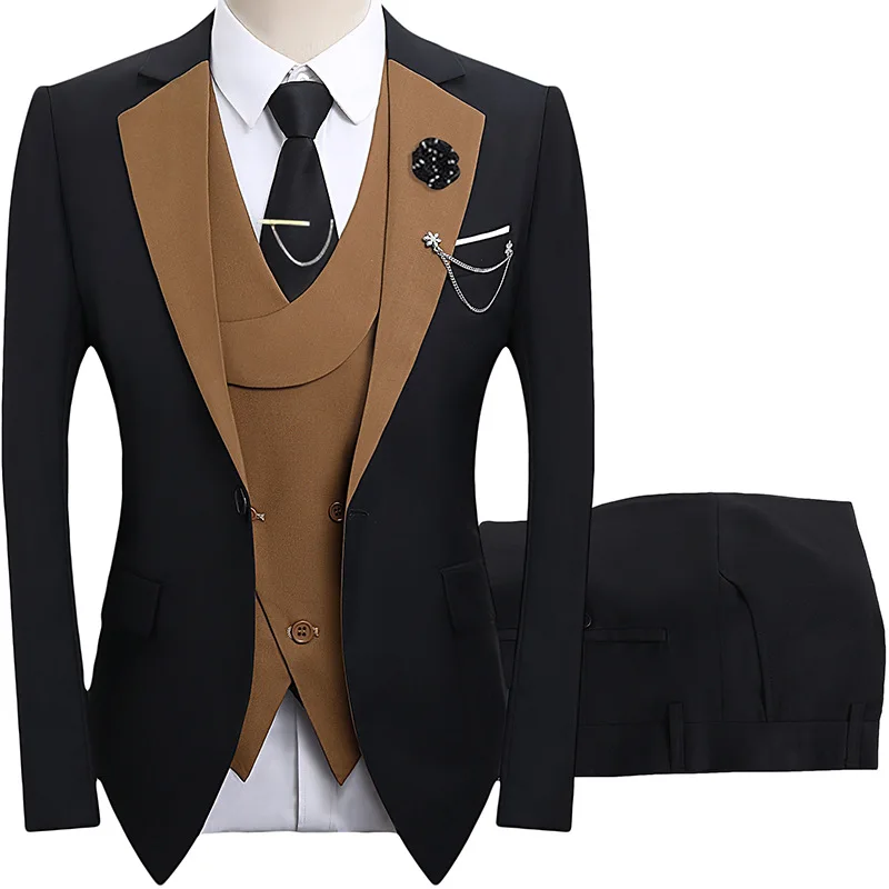 

KIDWHXR 3-piece Outfit Men Contrast Color Turn Down Collar Blazer Man Double-breasted Vest Straight-leg Pant Male Slim Suit Set