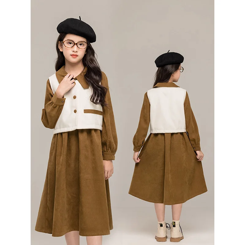 

2025Girls' Autumn Winter Outfit New Vest Two-Piece Dress Elegant Melad Style Long Sleeve Shirt Dress Set