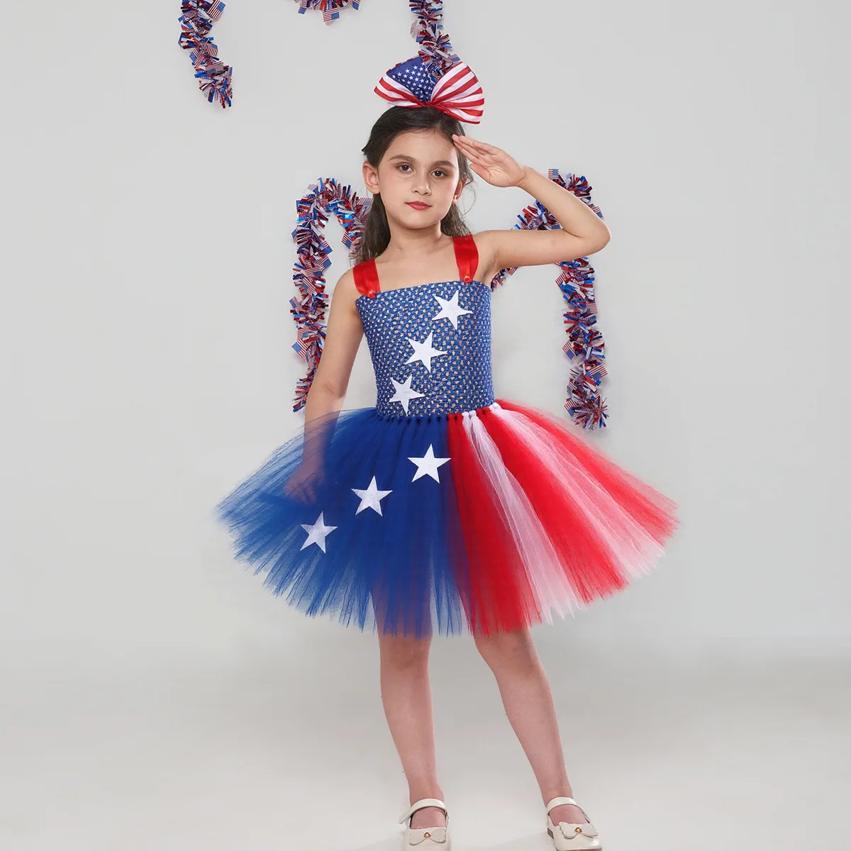 

Girls Patchwork A-line Dress Sleeveless Stars Summer Tulle Dress with Headband 4th of July Clothes