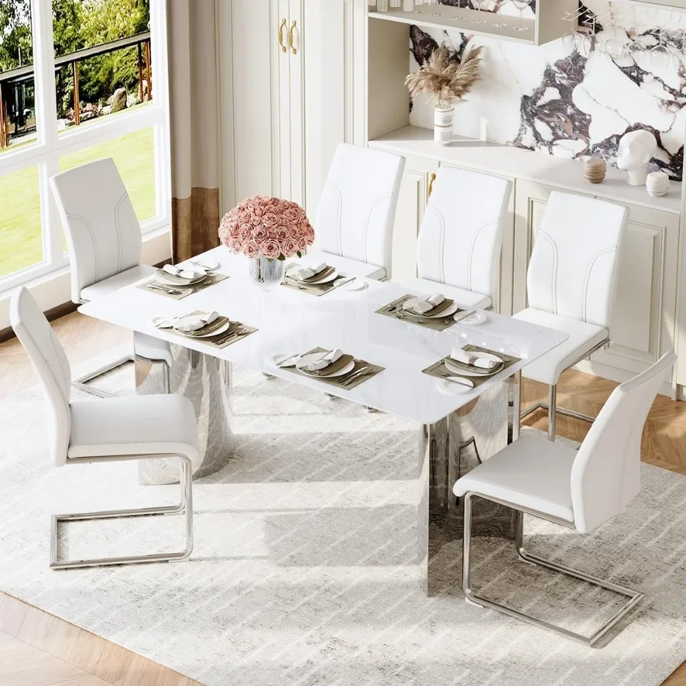 שולחן אוכל שיש סט עבור 6, שולחן אוכל מלבן סט עם בסיס עיצוב h יציב, סט כסאות שולחן מטבח