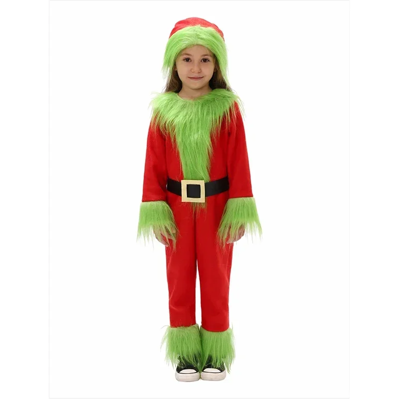 2024 Neujahrs junge Weihnachts mann Outfit Overall mit Hut pelzigen grünen Mädchen Kinder Santa Weihnachts kostüm