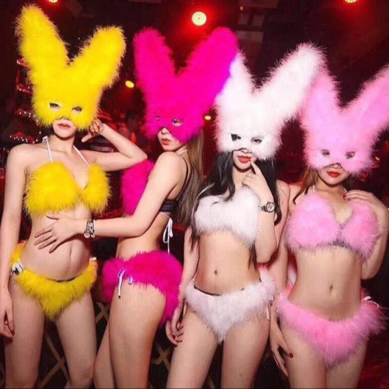 ใหม่ Furry Bunny Ear Mask Party Bar Ds Lead Dance