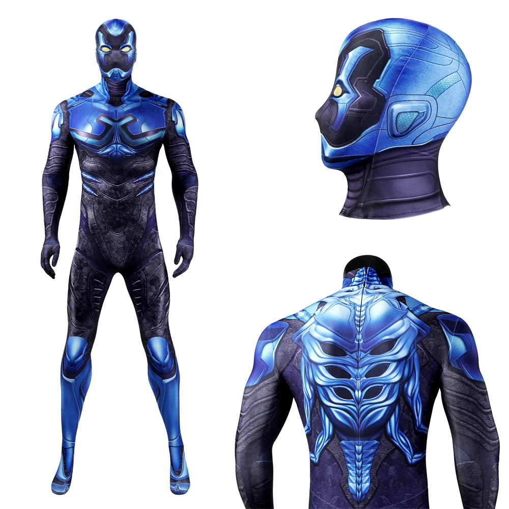 Fato Cosplay de Besouro Azul Masculino Macacão Anime Zentai, Super-herói Masculino, Máscara de Halloween, Roupas de Carnaval