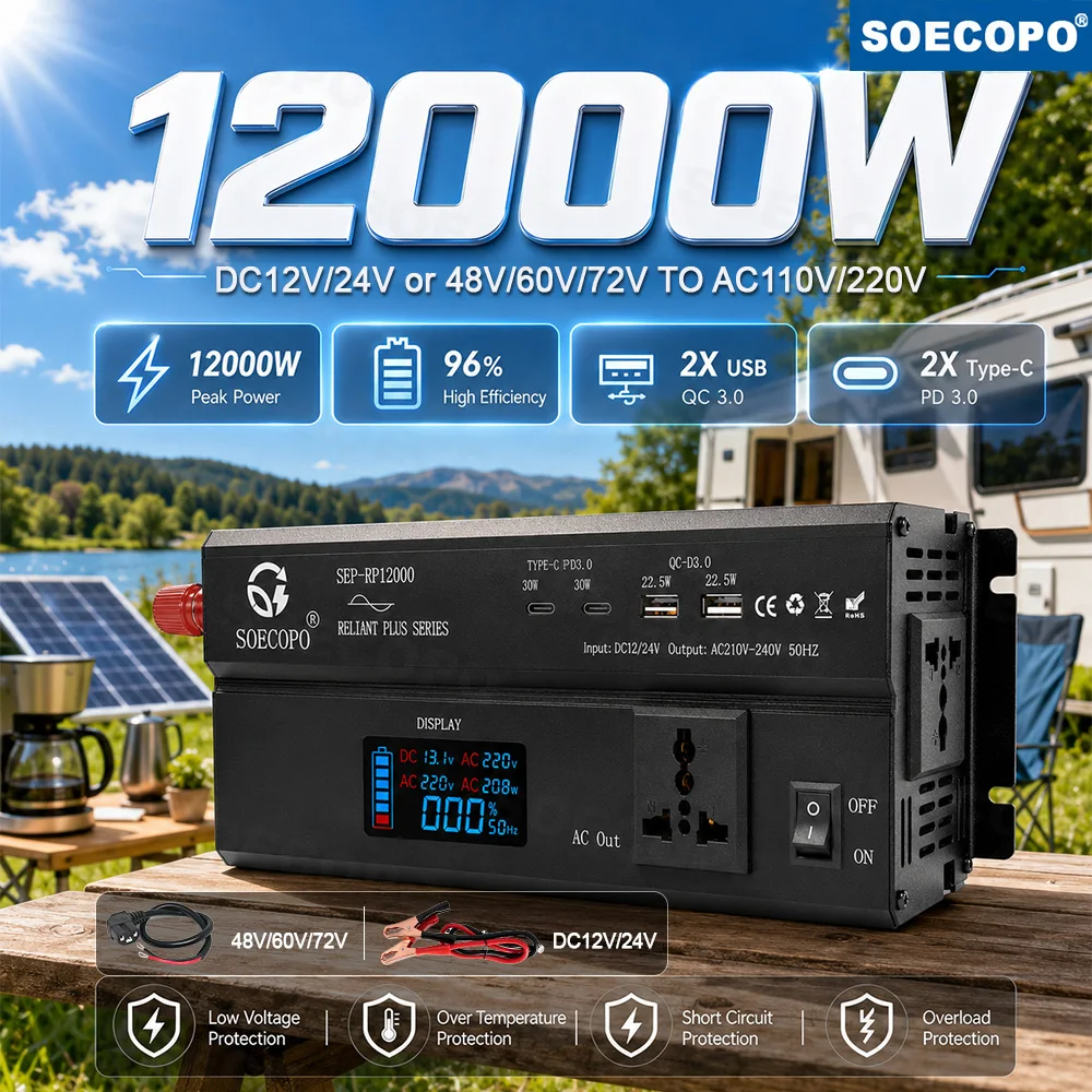 High Conversion 12000W Peak Power Inverter DC12V24V 48V 60V 72V To AC110V/220V Converter USB-C PD30W QC3.0 Charger For Home Car