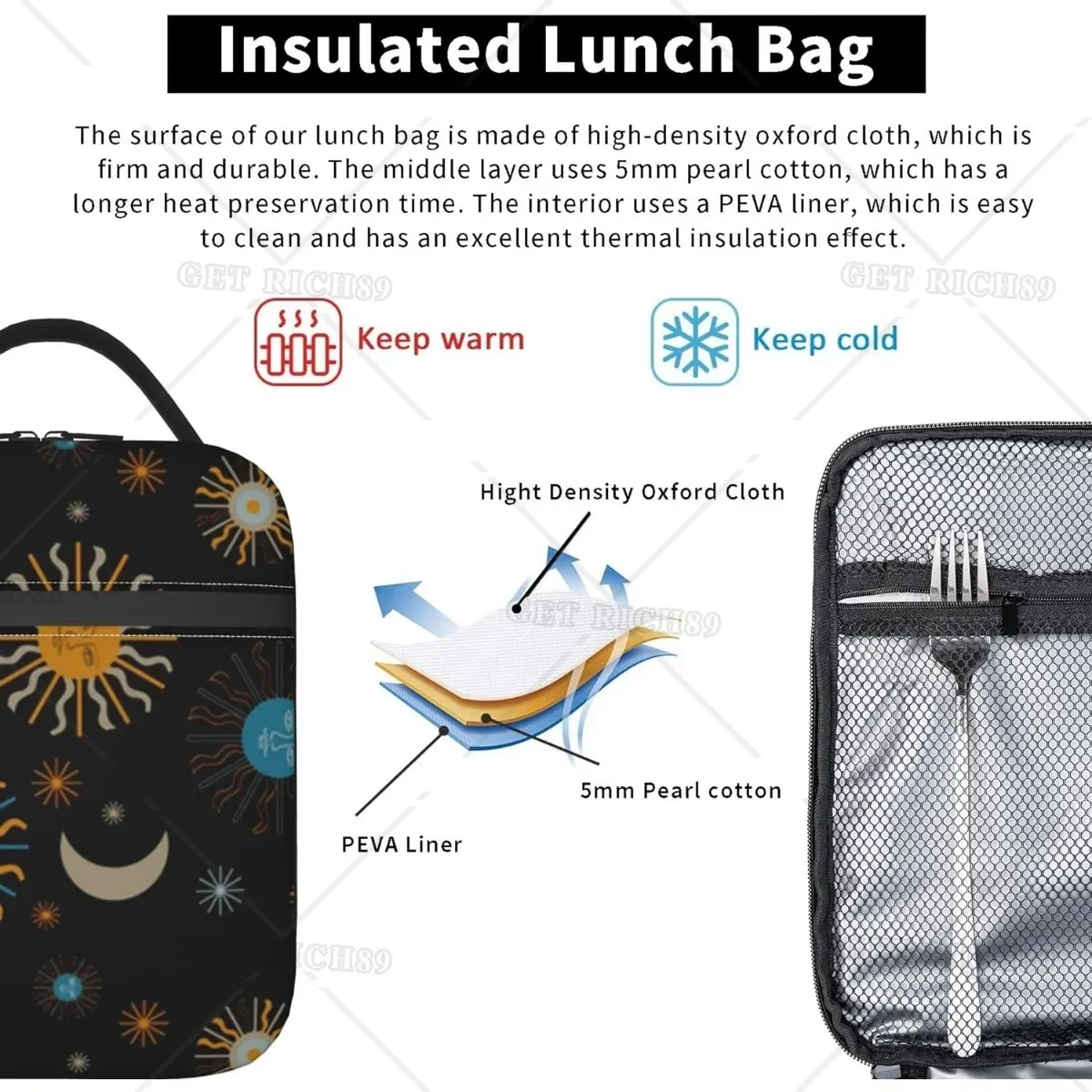 Bolsa de almuerzo artística con sol y luna para hombre y mujer, para trabajo, Picnic, barbacoa, contenedor de almuerzo impermeable, organización de aperitivos reutilizable portátil