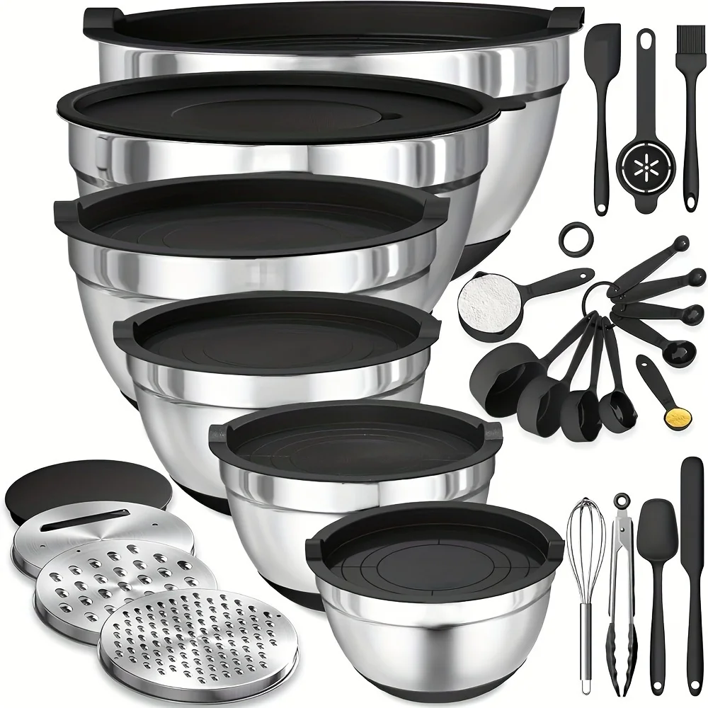 17pcs, Stainless Steel Mixing Bowl Set Mixing Bowls With Lids Grater Attachment, Non-Slip Kitchen Gadget Set, Mixing And Serving