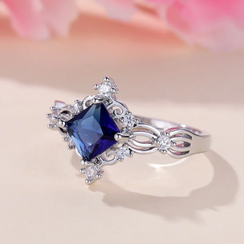 2026 New European and American Fashion Commuter Square Blue Zircon Ring Bridal Wedding Versatile Travel Item