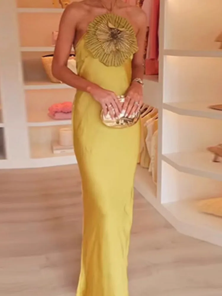 Fashion 3D Floral Bead Embroidered Gowns Sexy Halter Sleeveless Solid Satin Long Dress Elegant Hight Waist Draped Party Dresses