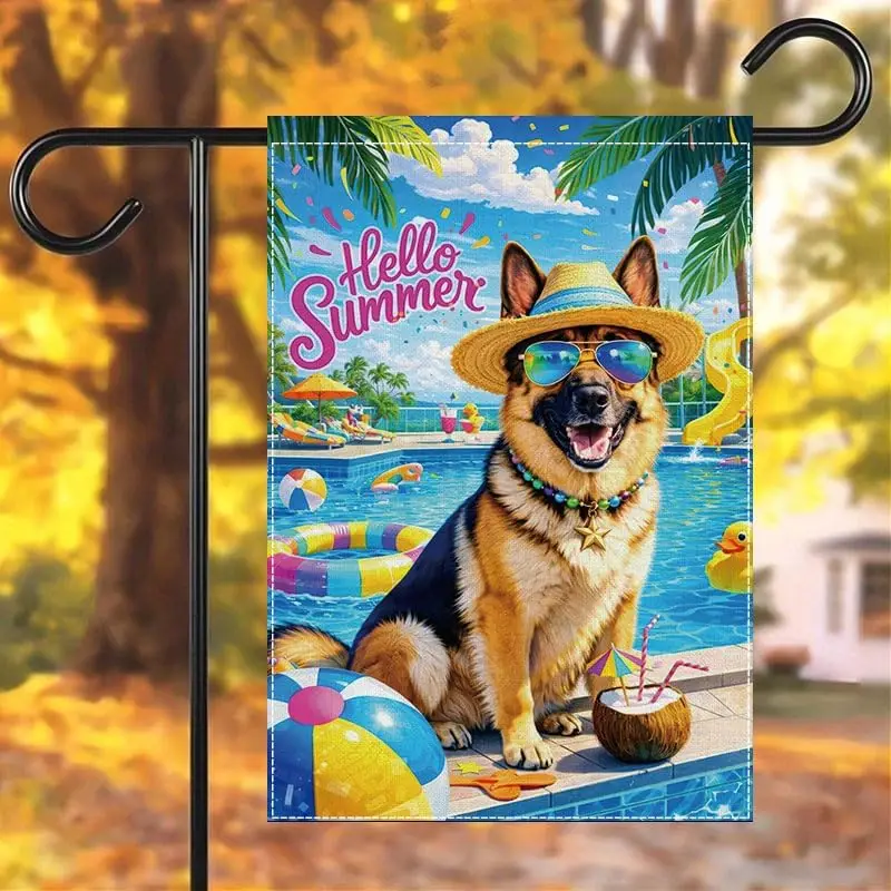 Hello Summer German Shepherd Garden Flag, 12x18 Inch Outdoor Decor with Happy Dog in Hat Sunglasses by Pool, Colorful Inflat WWP