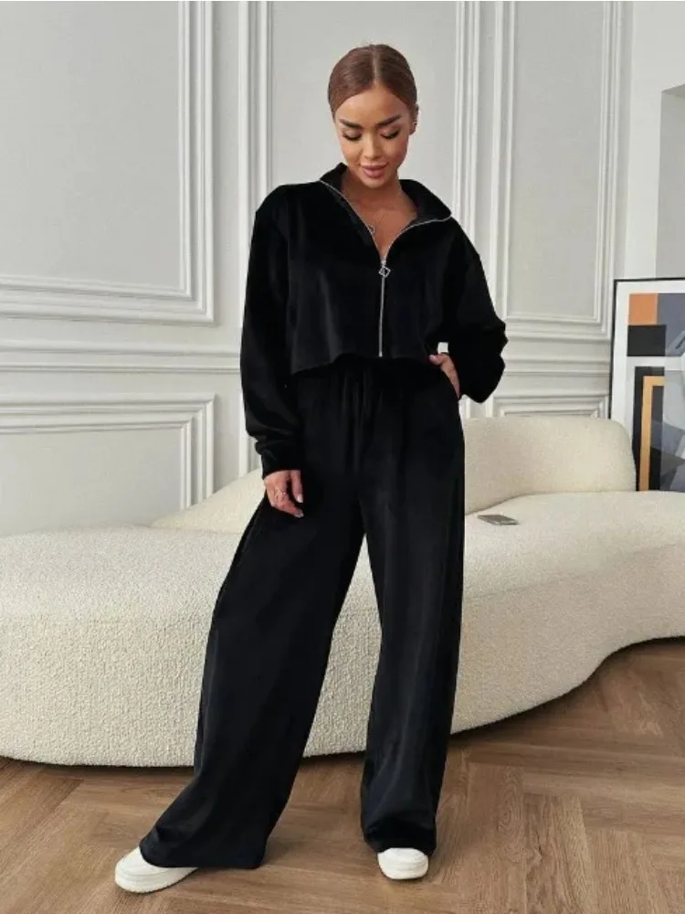 Elegant Tracksuit Pant 2pc Set Zipper Stand Collar Coat Top Loose Pants Office Lady Outfits Autumn Winter Chic Streetwear