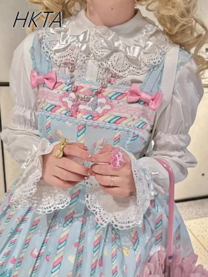 Lolita Versatile Bow Doll Collar Blusas Girls Long Lotus Root Sleeve Shirt Women Spring Sweet Cute Lace Pink Top Blouse Girls