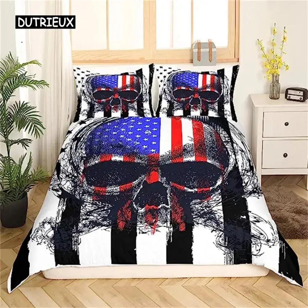 

American Flag Black White Star and Stripes Comforter Cover Halloween Theme Skull Room Decor Duvet Cover Kids Teens Men Red Blue