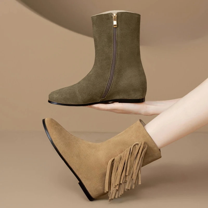 

Women's new genuine leather cow suede round toe with increased height, mid heel plus size, and calf fringe fashion short boots