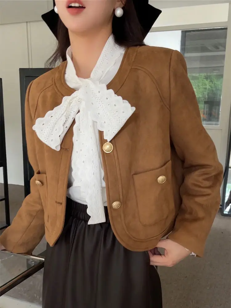 

​​Women's Deer Suede Cropped Jacket Round Neck 2025 Spring Autumn Oversized Metal Button Chic Blazer Coat Petite​​