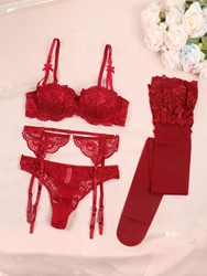 CYHWR Lace Sexy Black/Red Underwire Bra Set Underwear Half Cup Bra+Garter+Thong+Stockings 4PCS