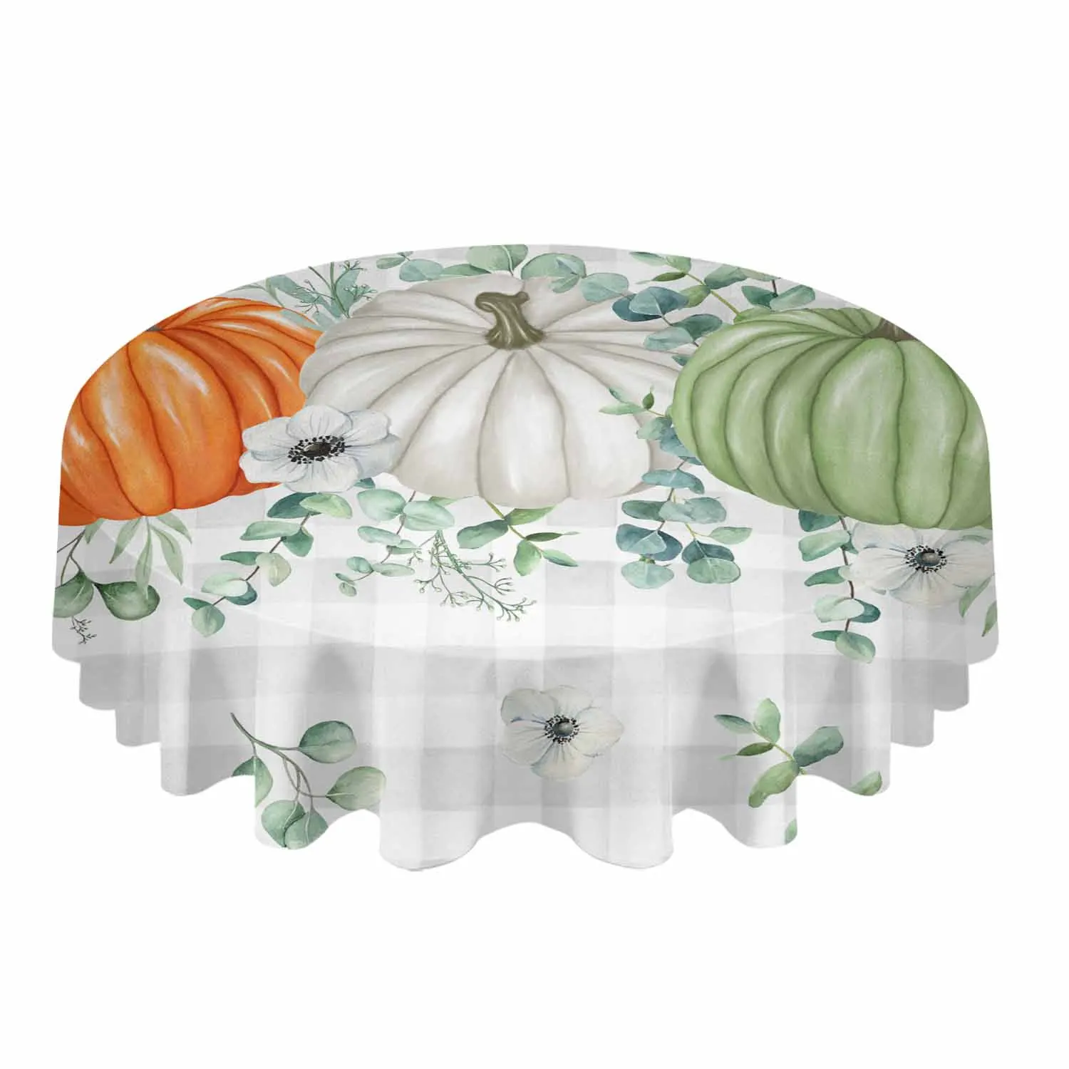 Pumpkin Eucalyptus Leaves Gray Grid Waterproof Tablecloth Tea Table Decoration Round Table Cover For Kitchen Wedding Home