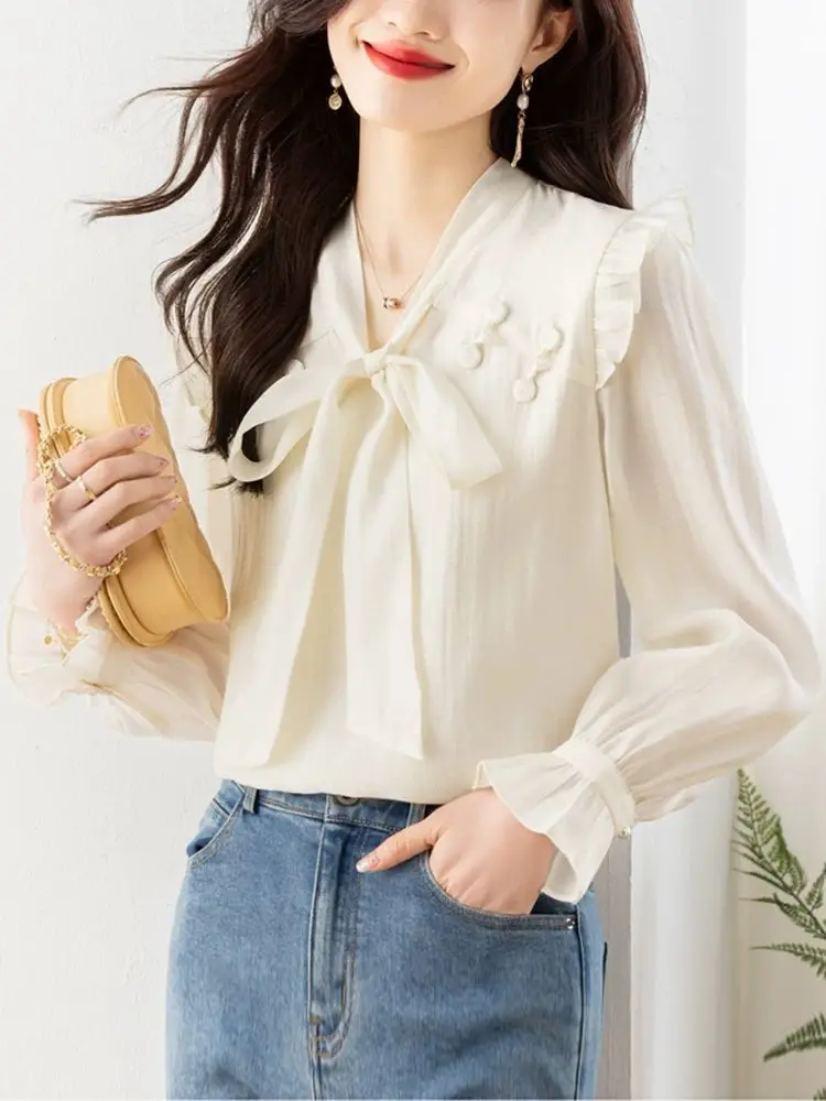 Butterfly Knot Long Sleeved Chiffon Shirt for Women New High-end and Chic Youthful and Stylish Small Shirt