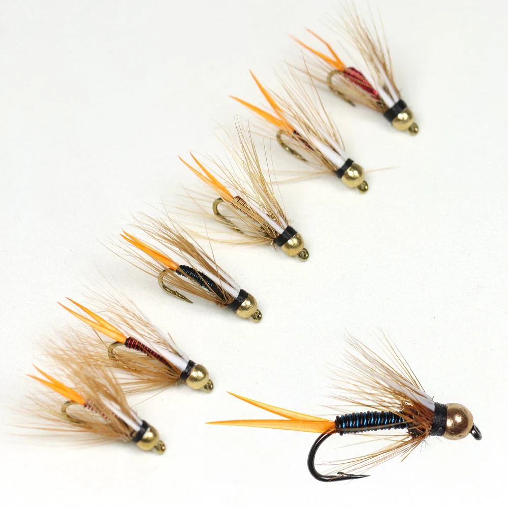 6 piezas 12 #   Mosca de pesca de hundimiento rápido con cabeza de latón tipo Prince Nymph Copper John para trucha arcoíris, trucha marrón y pescado gris.