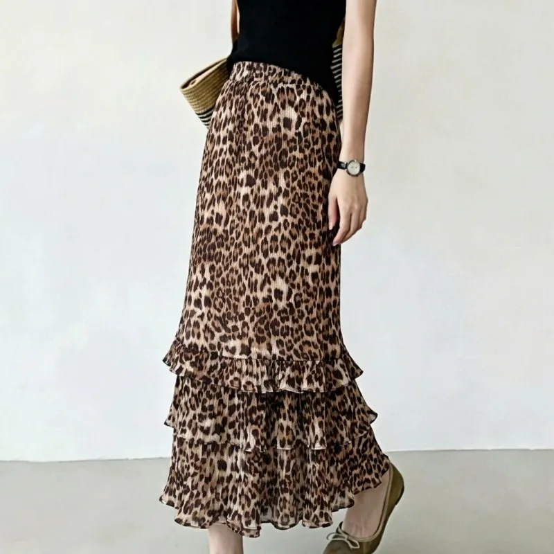 Leopard Print Ruffled Chiffon Midi Skirt Women Pleated A Line Swing Skirt