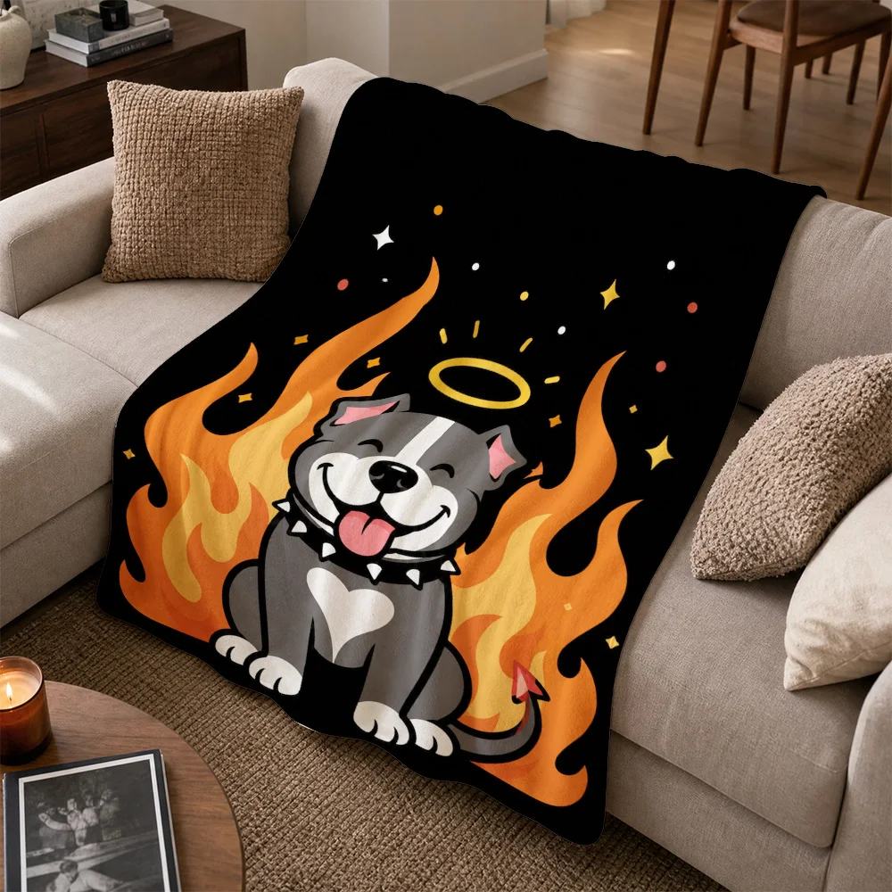Artistic Dog Crown Flame Pattern Throw Blanket for Sofa Couch Cover Plush Fleece Living Room Decoration Pet Lover Gift