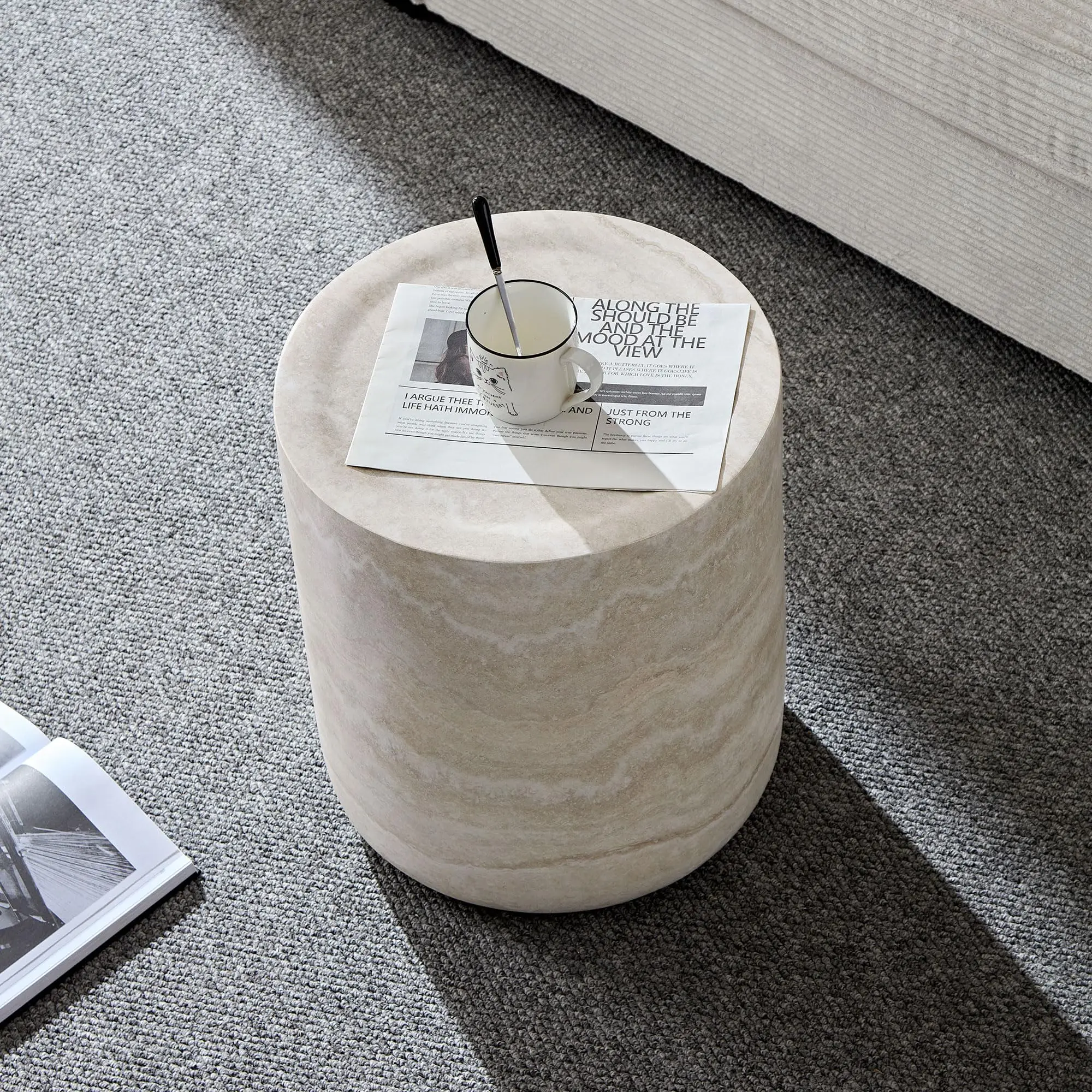 Round Side Small Coffee  French Country Rustic Side  End Table for Living Room Light Gray,No Assembly