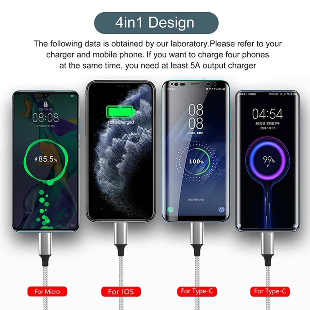 멀티 USB 충전 케이블 (3A) USB 케이블 4 in 1 고속 충전 코드 어댑터 (아이폰, 안드로이드 폰, 태블릿 등)