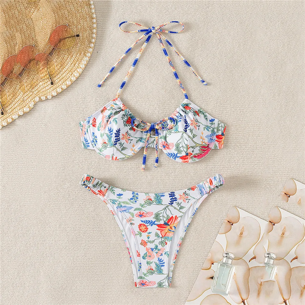 Floral Print Swimwear Halter Push Up Bikinis Sets Woman 2024 Sexy Thong Swimsuit Underwire Lace-up Bathing Suit Bikini Swim Wear