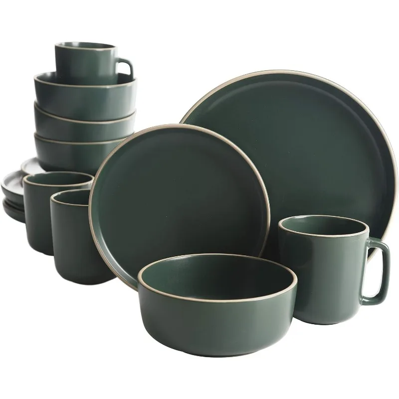 16 Piece Round Kitchen Dinnerware Set, Dishes, Plates, Bowls, Mugs, Service for 4, Matte Stoneware, Green