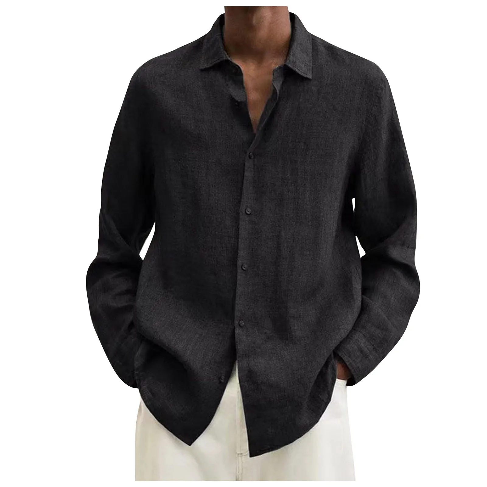 Chemises à manches longues en coton et lin pour hommes, chemises à revers monochromes, simple et décontracté, mode classique, printemps et automne