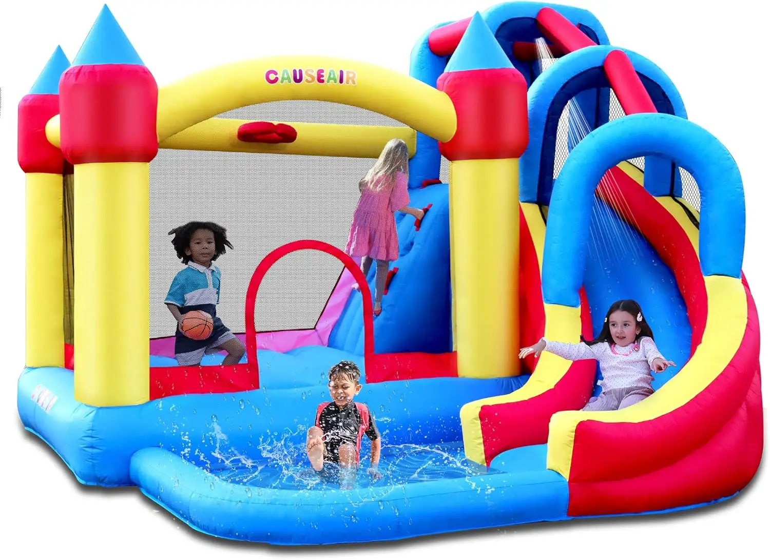 Bounce House with Water Slide,Wet and Dry Use,Basketball Hoop,Climbing Wall,Heavy Duty GFCI Blower,Bouncy Castl