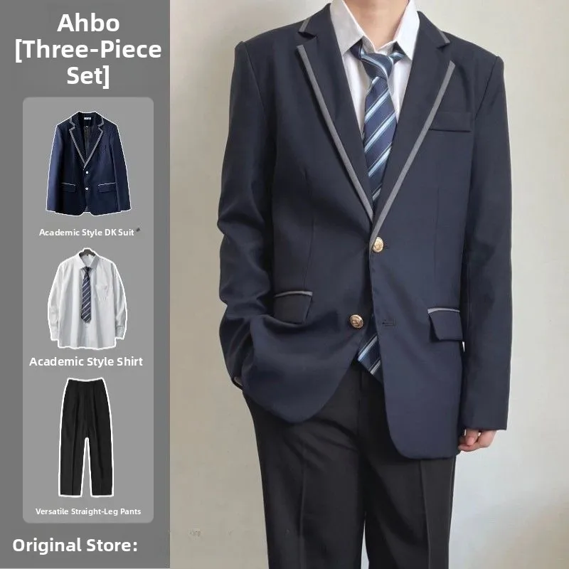 

Japanese Sle School orm Suit Briti Faion Student Class orm Set Trendy Double Breasted Coat with Slits for Men