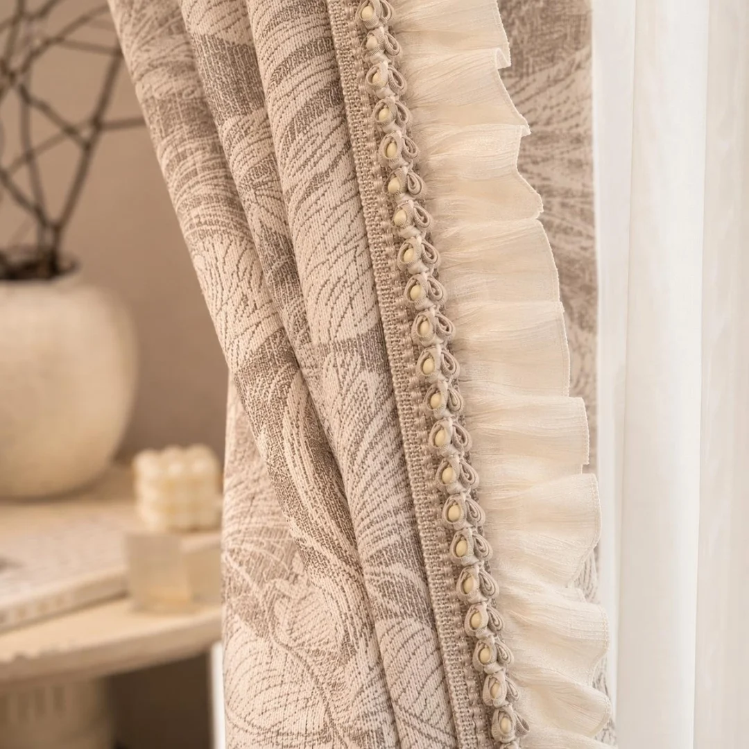 Rustic Gray Leaf Jacquard Curtains, Luxurious Window Valances with Tassel Trims, Elegant Patterned Curtains