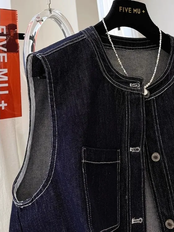 

Retro Hong Kong Sle Lace Splicing Denim Vest Women's Autumn New Small Size Design Sensation Svel Tank Top Outerwear