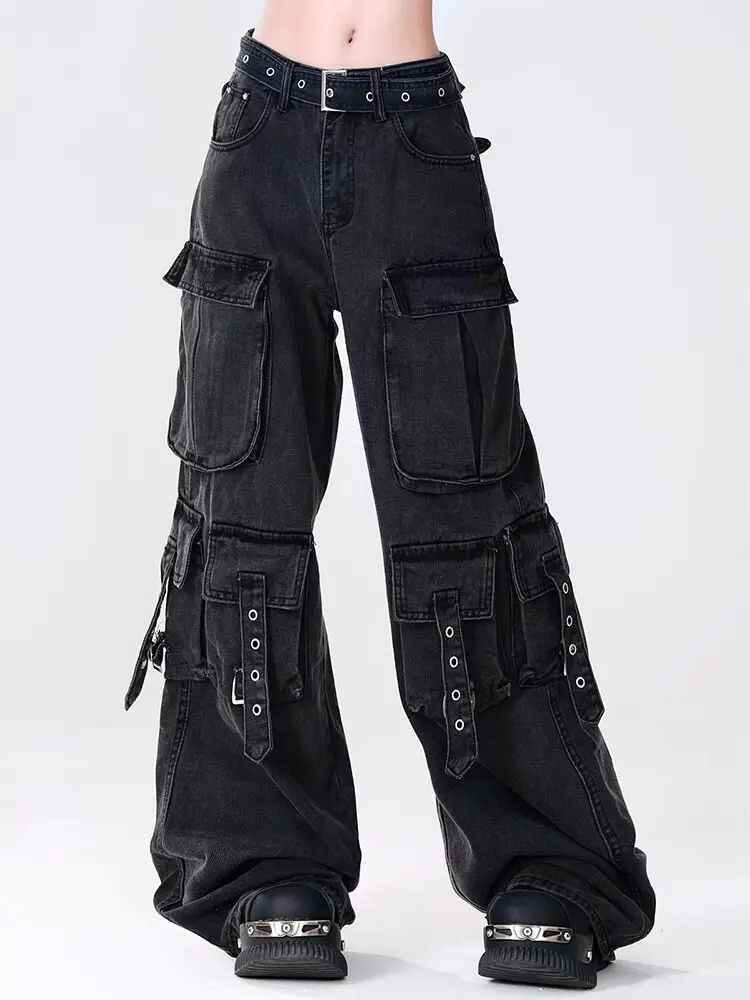 Women Cargo Jeans High Waist Wide Leg Straight Loose Denim Pants New Multi‑Pocket Design American High Street Baggy Trousers