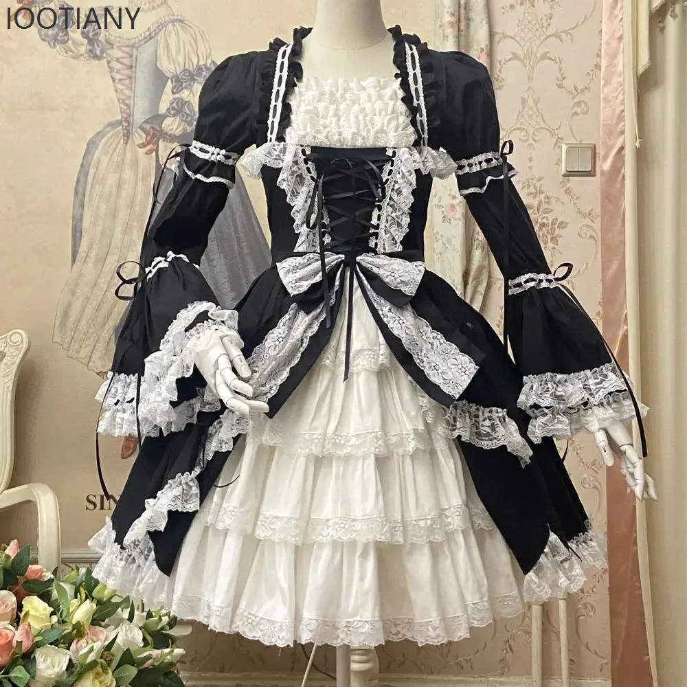 

Retro Lolita Dress Medieval Court With Detachable Trumpet Sleeves Lace Puff Dress Cosplay Princess Party Performance Costume